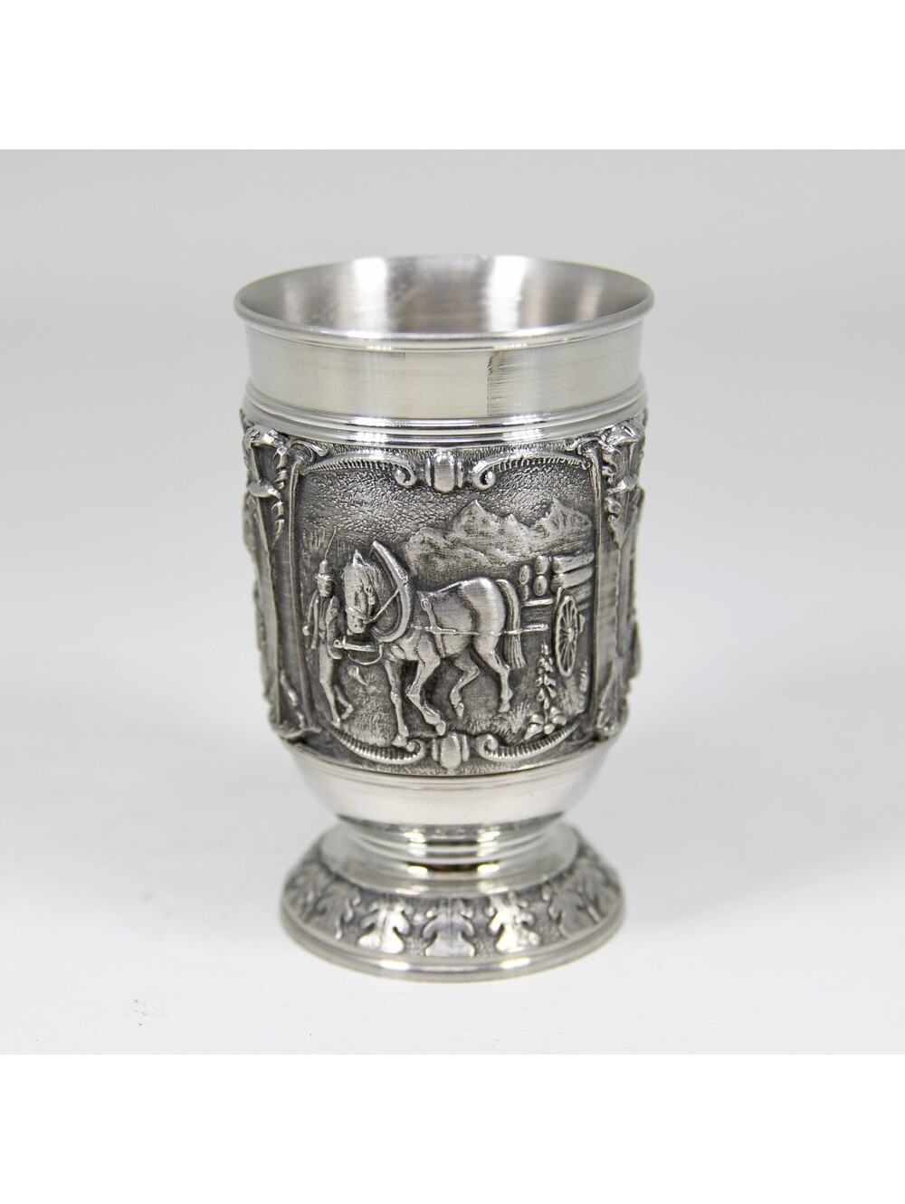 Vintage German Pewter 95% Embossed 2.5" Shot Glass Schnapps Cup Alpine Harvest